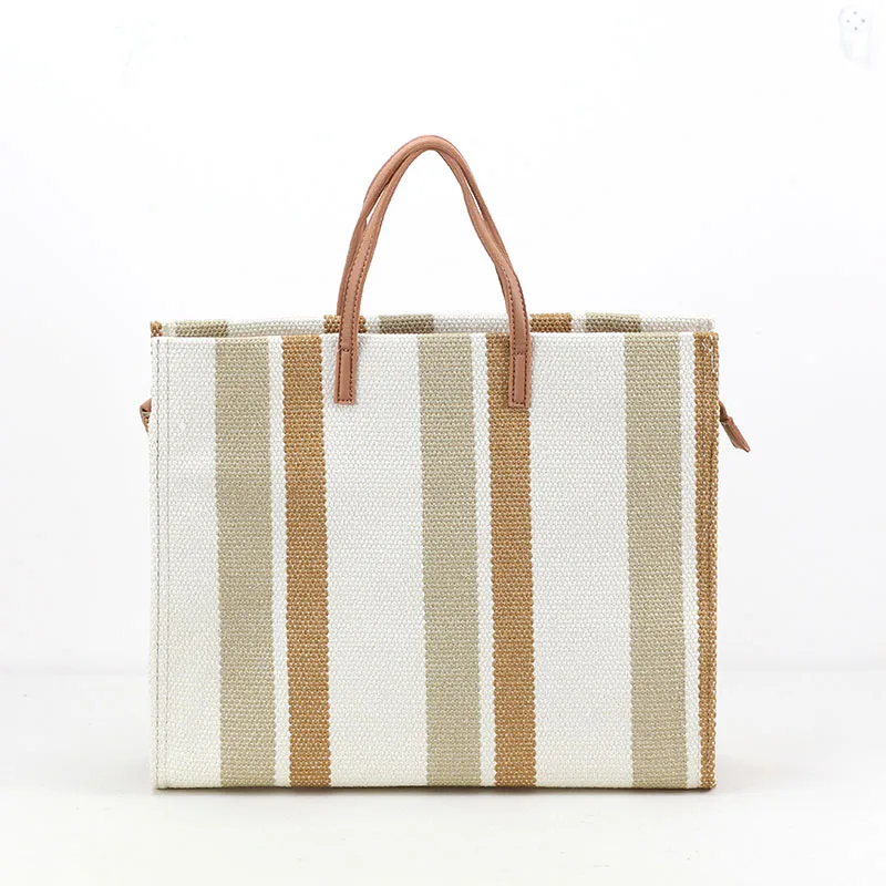 Wholesale Natural Color Stripe Canvas Women Travel Bags Women Handbags Ladies