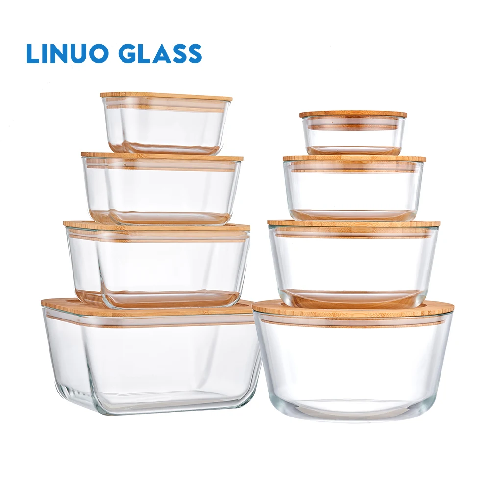 Linuo Oem 8 шт. экологически чистый термостойкий стеклянный Ланч-бокс контейнер для хранения продуктов Набор бамбуковых крышек