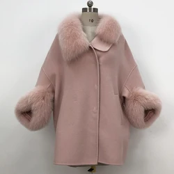 Women new fashion fox fur collar cloak short 100% genuine wool trench coat