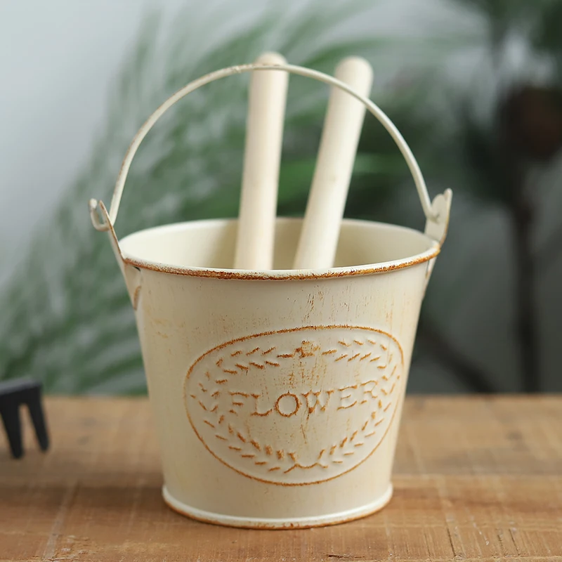 Grocery metal crafts retro distressed yellow mini iron bucket succulent plant pots gardening accessories garden supplies