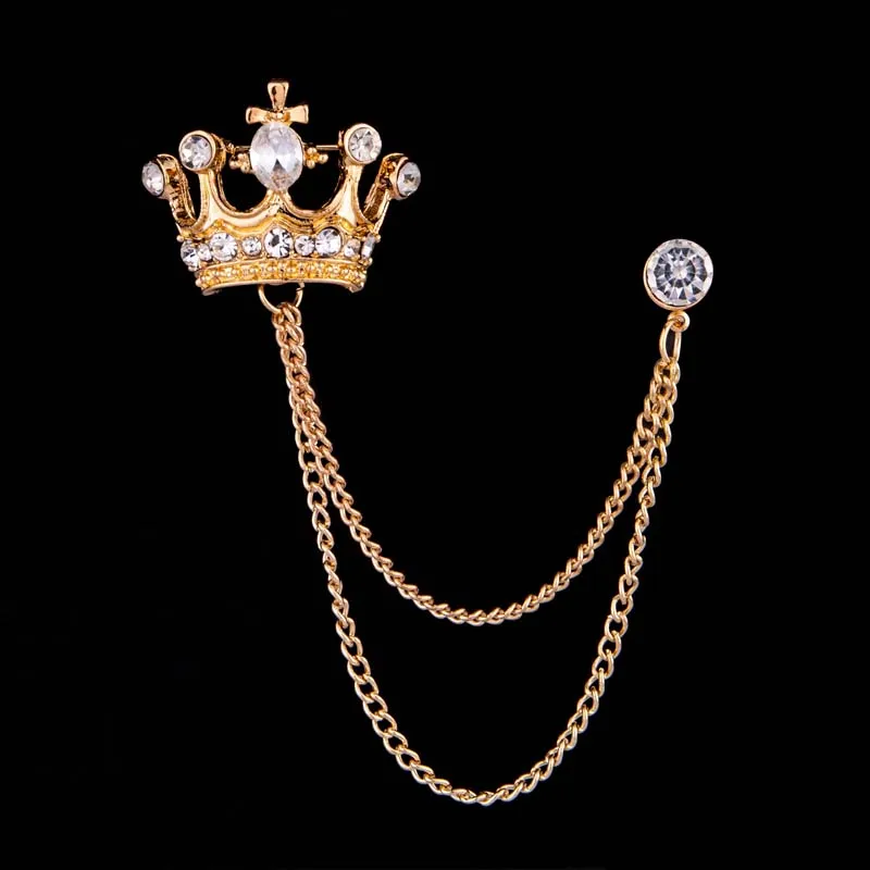 DIY jewelry badge Korean custom made crown brooch fahsion gold silver crystal tassel chain lapel pin brooch for mens suit