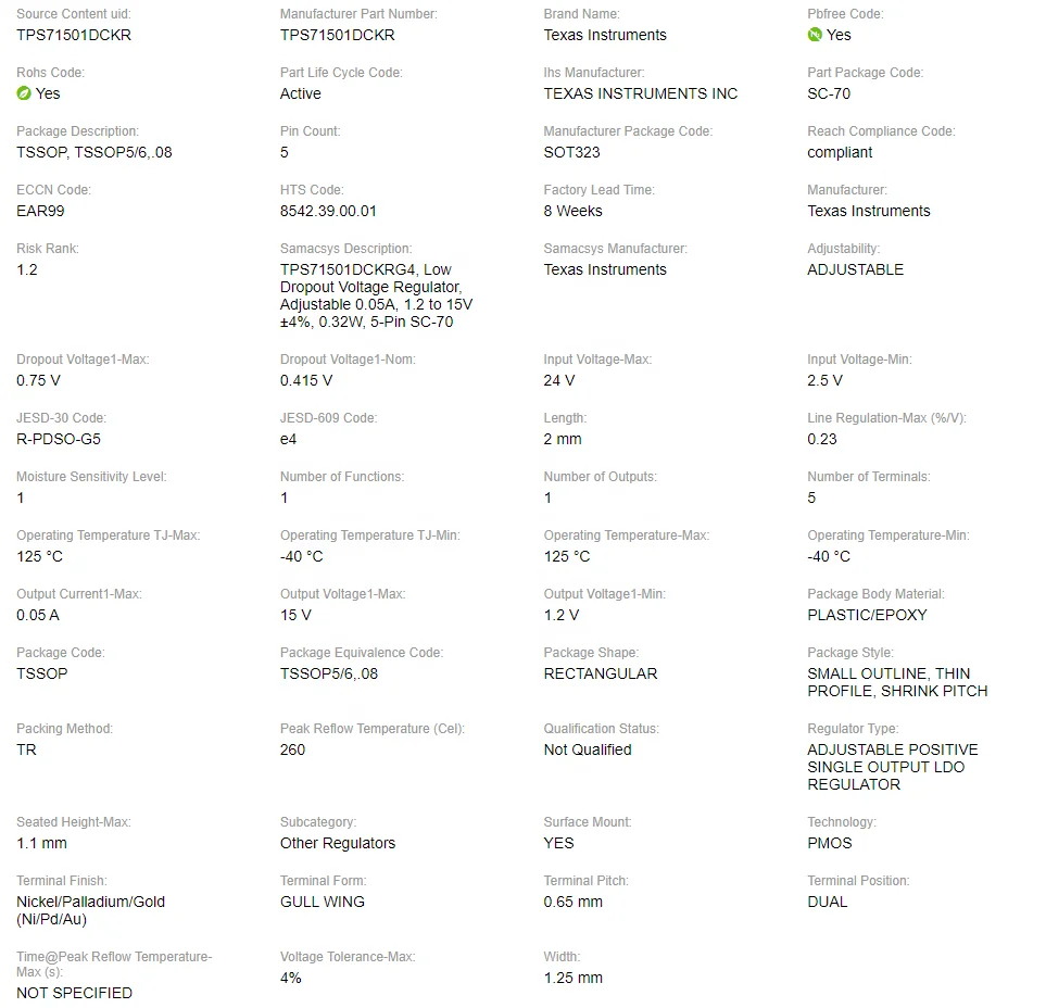 TPS71501DCKR цепи питания LDO Регулятор Pos 1,2 до 15В 0.05A 5-контактный SC-70 T/R Интегральные схемы ic чип TPS71501DCKR
