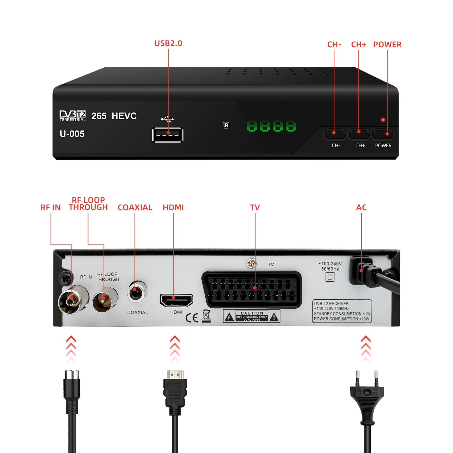 Full Hd Dvb-T2/C приемник Высокое разрешение Декодер каналов кабельного телевидения Hevc H.265 Dvb T2 Tv Box Iptv декодер Dvbt2
