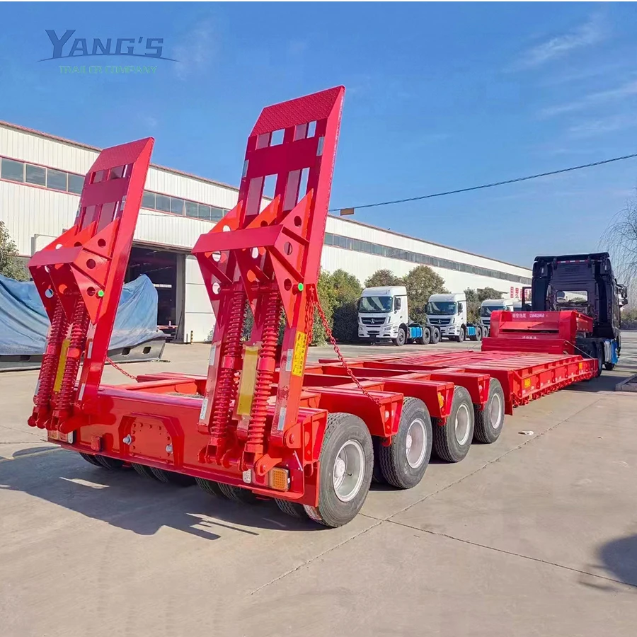 3 Axle 60 Tons 100 Ton Loader Transport Lowboy Low Bed Truck Semi Trailer For Excavator Loader Tractor