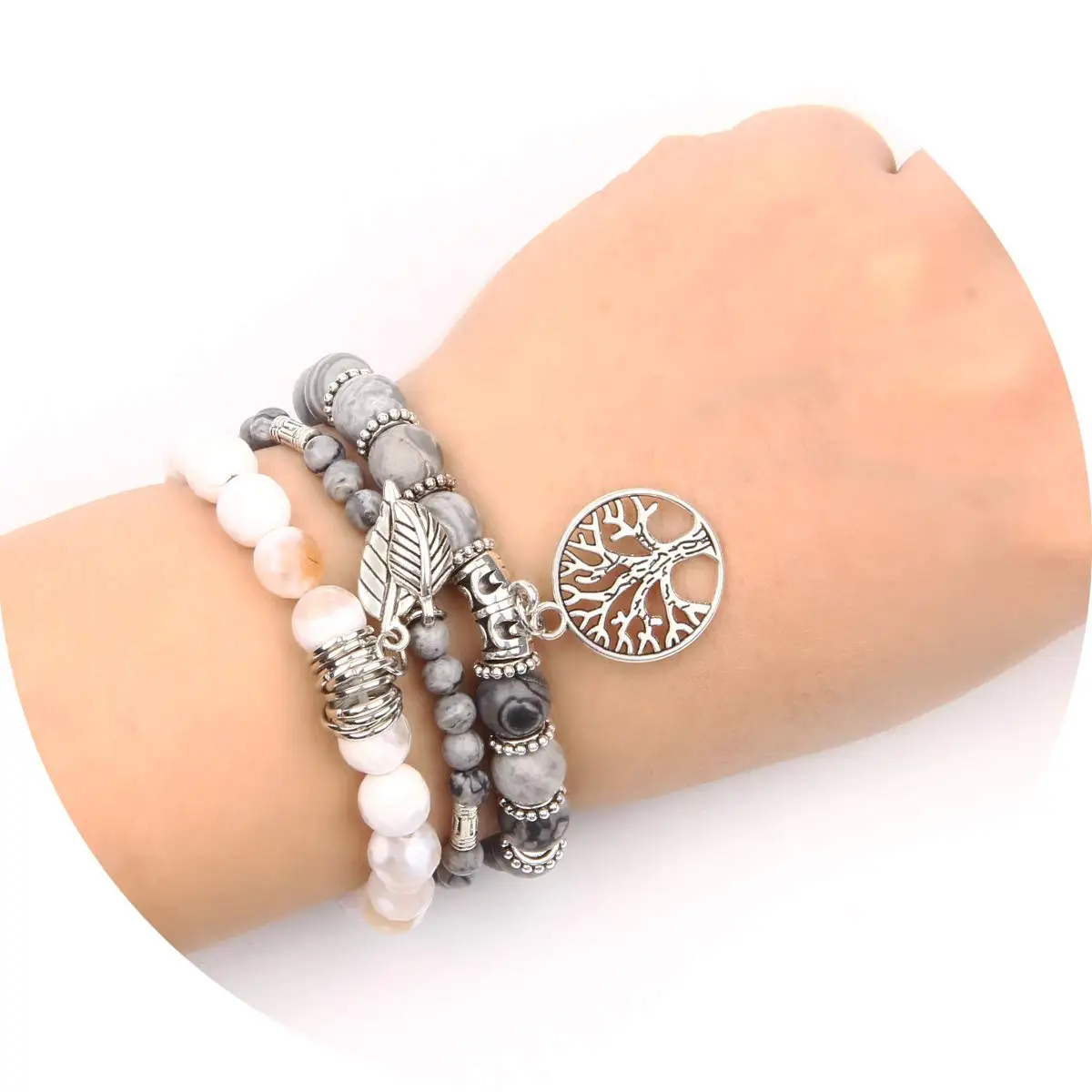 Tree of Life Pendant Map Stone and Tibetan agate gem Chakra beaded natural stone bracelet