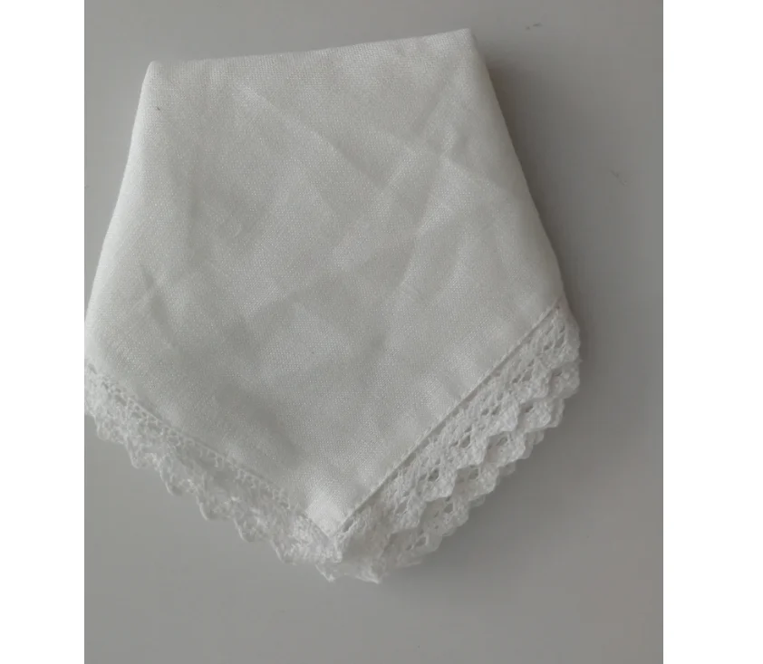 100% cotton lace hem handkerchief in white color can with monogramming