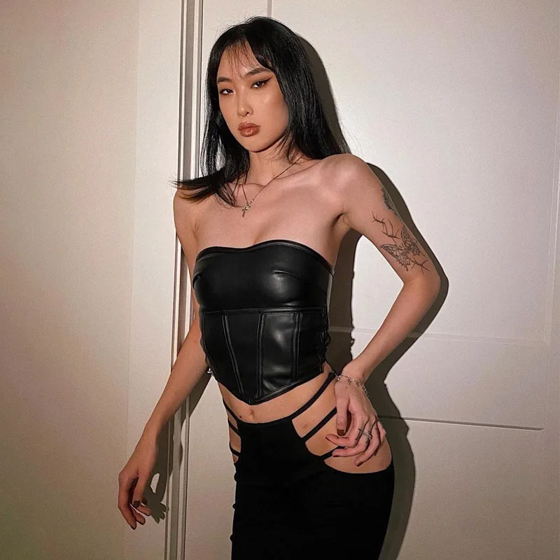 Crop Tube Tops Club Streetwear Fashionable Side Lace Up T Shirt Leather Corset 2021 spring winter Women Sexy Sleeveless Striped