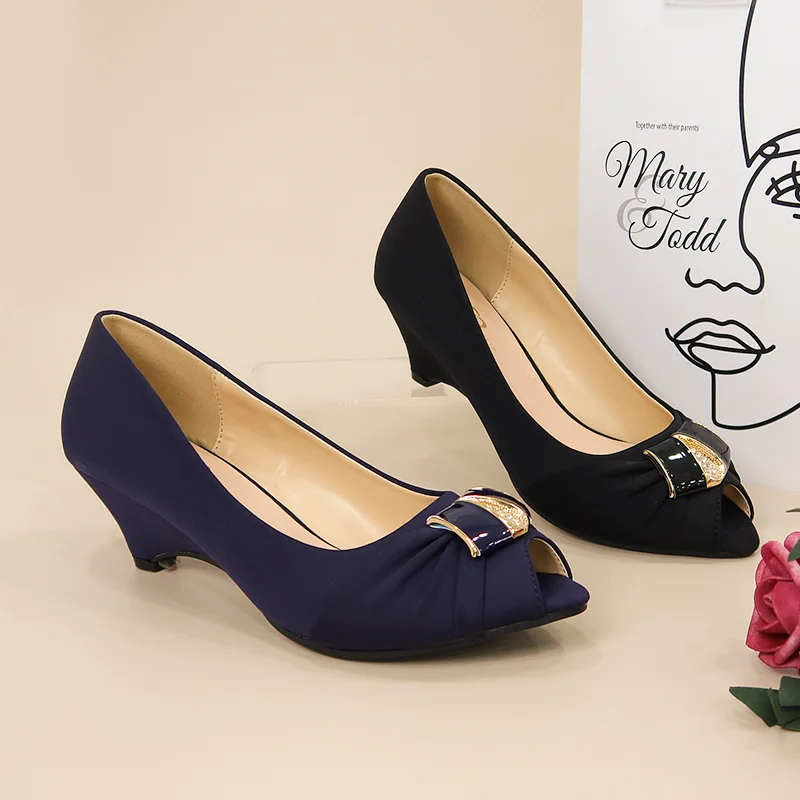 Женские туфли на танкетке, туфли-лодочки с открытым носком, без застежки, с пряжкой, 2022