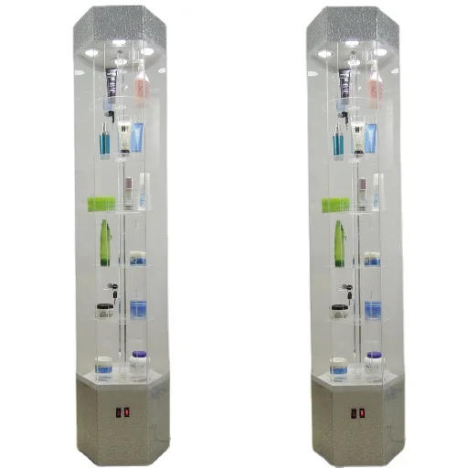 2020 New Arrivals Metal Hexagon Glass Jewellery Display Case Cabinet Light Rotating Shop Stand Showcase Decoration Design