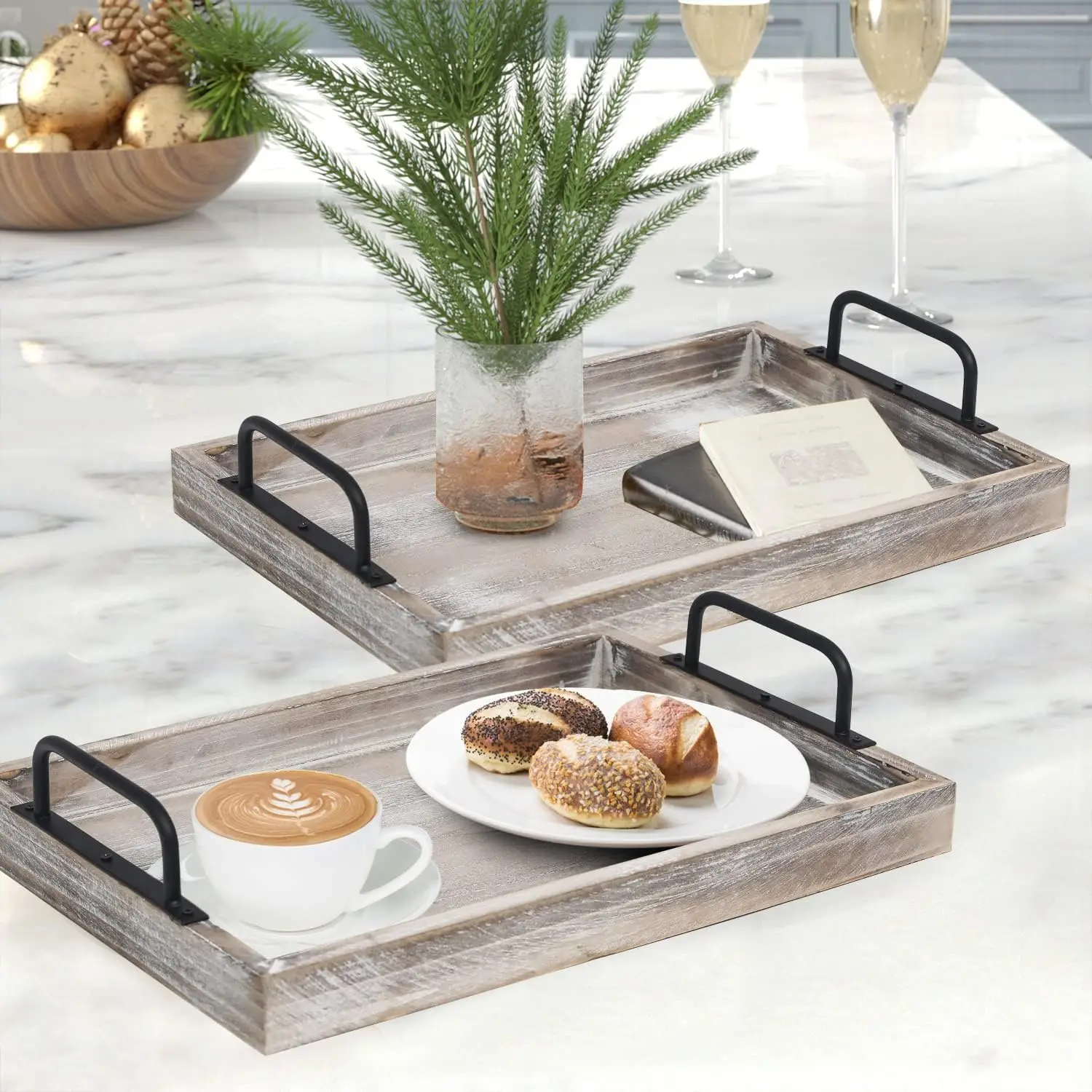 Rural style wooden food tray with metal handle, retro farmhouse decorated dining plate