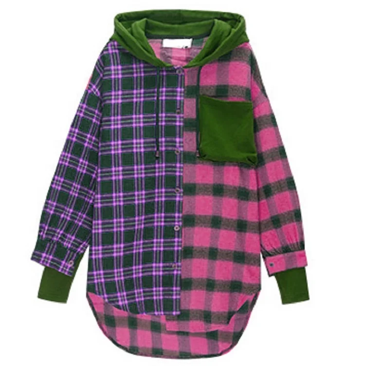 Streetwear Custom Flannel Patchwork Color Block Long Sleeve Hooded Button Up Curve Hem Oversize Women Plaid Shirts with hood