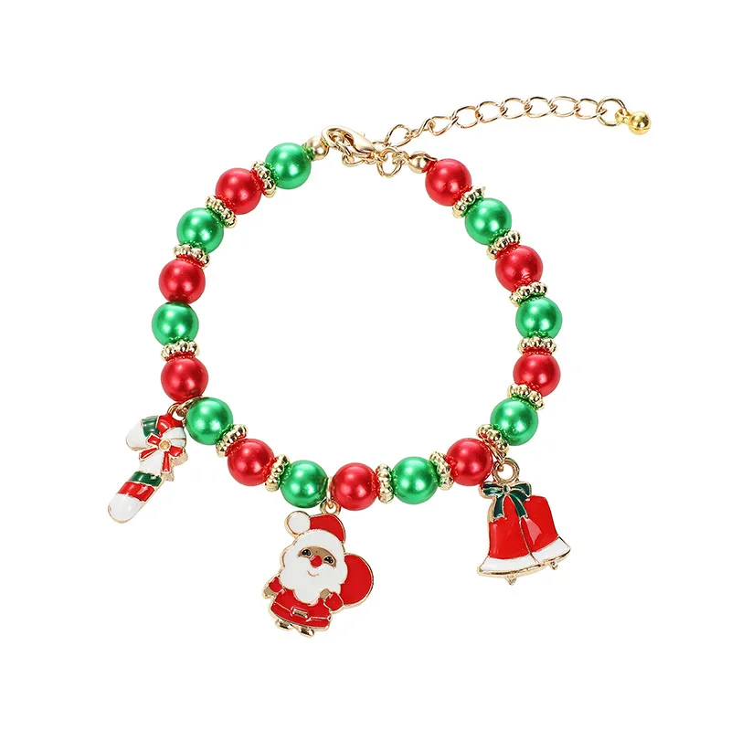 Christmas Colorful Pearl Beaded Bracelet with Santa Claus Bell Fashionable Jewelry Gift for Boyfriend Girlfriend or Couples