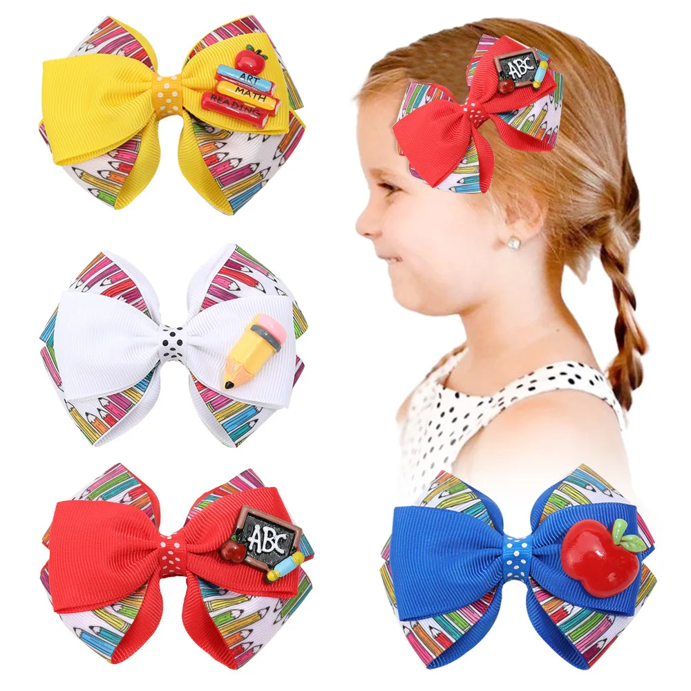 GENYA Wholesale Kids Back to School Season Bow Headwear Cartoon Pencil Thread Ribbon Printing Hair Clip for Children