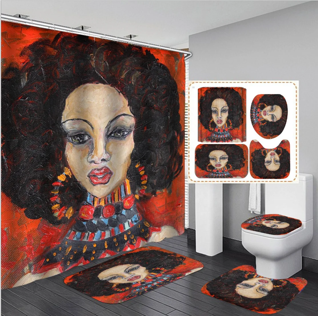 waterproof customization 3d african american woman bathroom sets shower curtain set with rugs and carpet