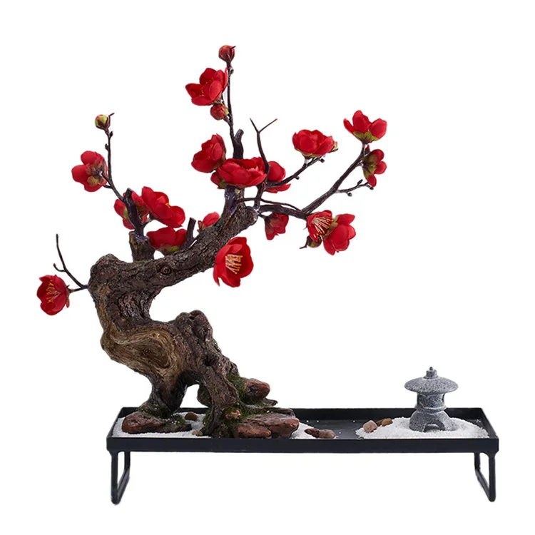 Hand-carved Japanese Meditation Zen Gift Mini Pagoda Rock Sand Plum Maple Tree Artificial Bonsai Zen Garden for Desk Decoration