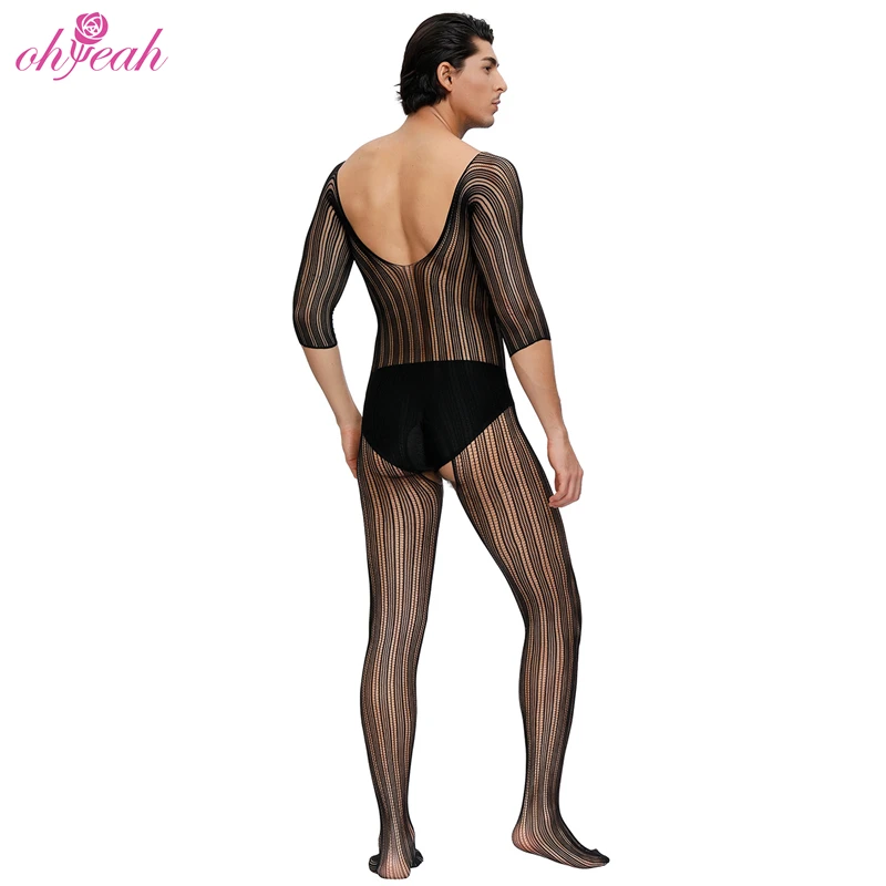 Hot sale lingerie for men stripe sexy nylon bodystocking men