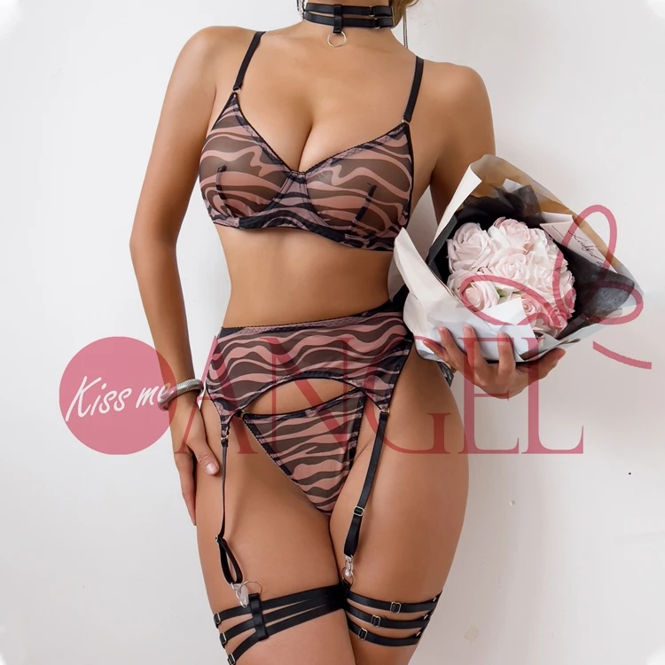 KISS ME ANGEL Горячие Черные Сетчатые Сексуальные Полоски зебры с поясом для подвязки и кольцом на шею сексуальные женские бюстгальтеры пуш-ап трусики