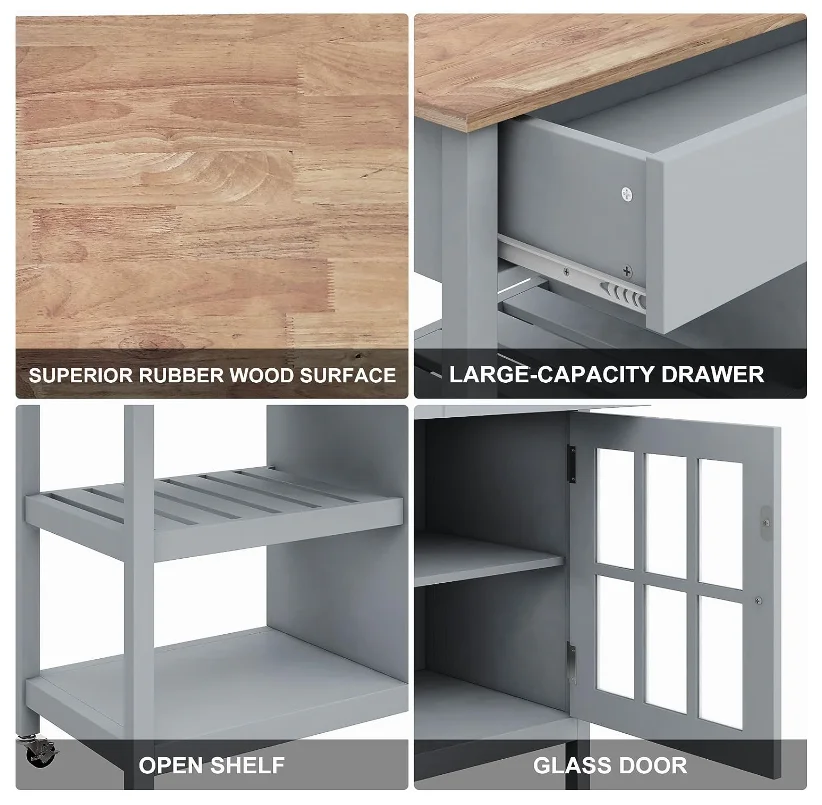 Kitchen Island Cupboard, Portable Kitchen Cart Wood Top Kitchen Trolley with Drawers and Glass Door Cabinets, Gray