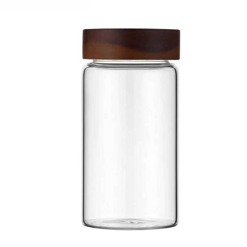 Transparent Thread type borosilicate glass storage jar with airtight Acacia wooden Lid glassware cup Spice container of glasses