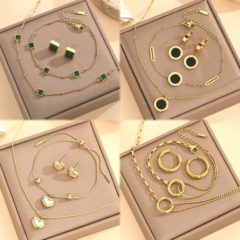 Fashion Stainless Steel 18K Gold Emerald Heart Pendant Necklace Stud Earrings Bracelet Women Vintage 3 Pcs Jewelry Set For Gifts
