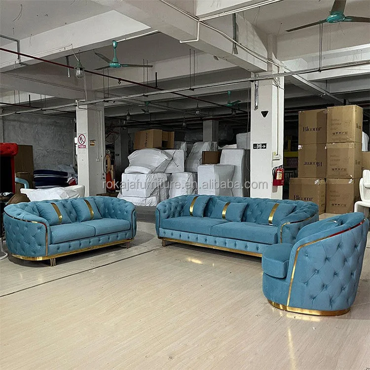 American Style Luxury 1+2+3 Seater Sofa Set Chesterfield Velvet Sofa Gold Stainless Steel Leg Living Room Corner Button Sofas