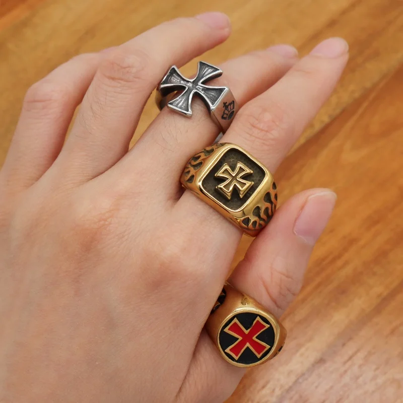 New Fashion Custom Wholesale Personality Cross Finger Ring Jewelry Enamel Gold Plated Stainless Steel Cross Ring For Men Women