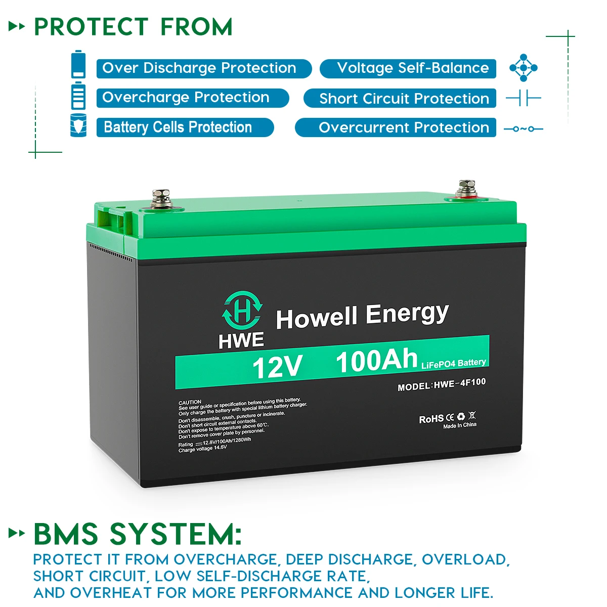 Howell New Arrival Solar Batteries 12V 100Ah Lithium Iron Phosphate Battery Pack Backup Power System With Built-in BMS