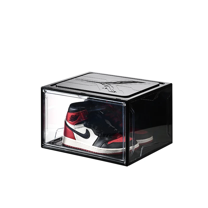 Full Transparent Plastic Magnetic Side Open Door Shoe Storage & Display Container Box Foldable Drop Side Sneaker Organizer Case