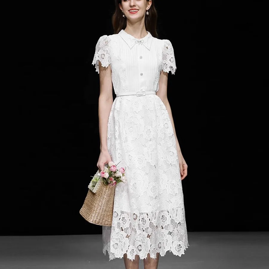 Elegant Banquet Dress 2024 Summer New Style French Lace Vintage Bubble Sleeves Wrapped Waist White Dress