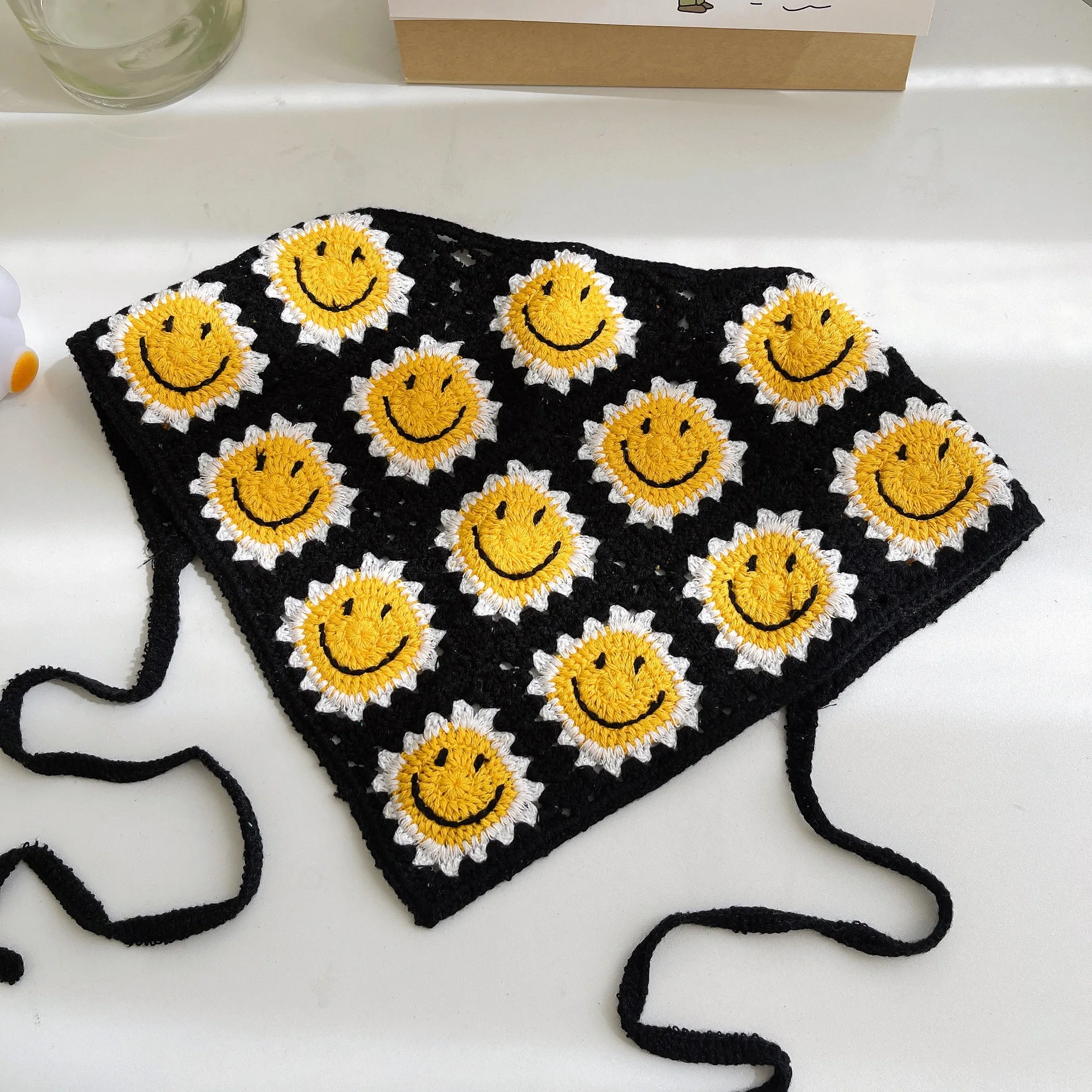 Hot Sales Women Crochet Triangular Bandana Headband Knit Handmade Charm Creative Sunflower Smile Face Hair Kerchief Hairband