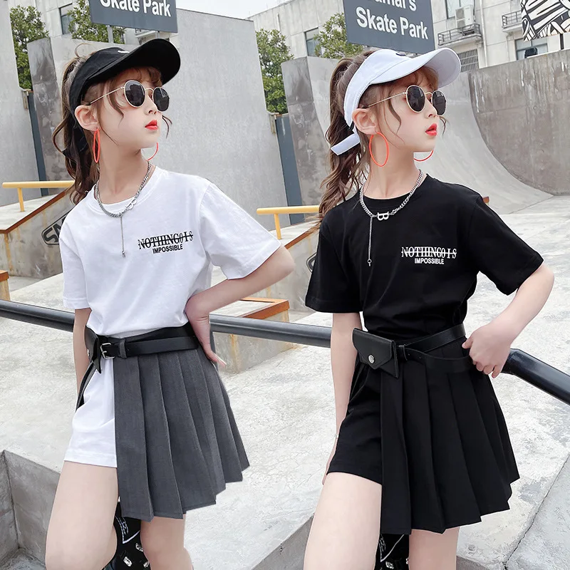 Top Leader New fashion teen Girls Clothing set letter printed short sleeve T-shirt+pleated skirt+waist bag set clothing for kids