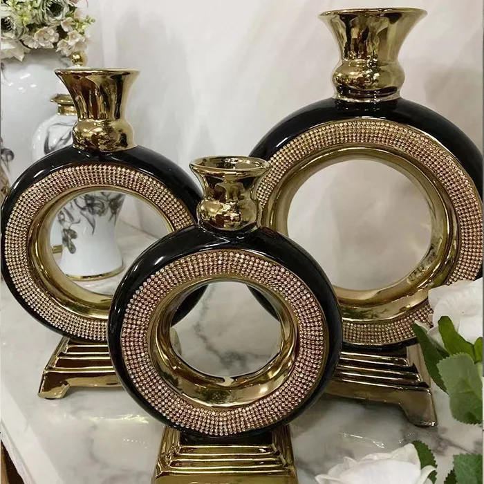 luxury bling diamond rim ceramic vases with gold pedestal black donut shape porcelain flower vase for hotel wedding KTV decor