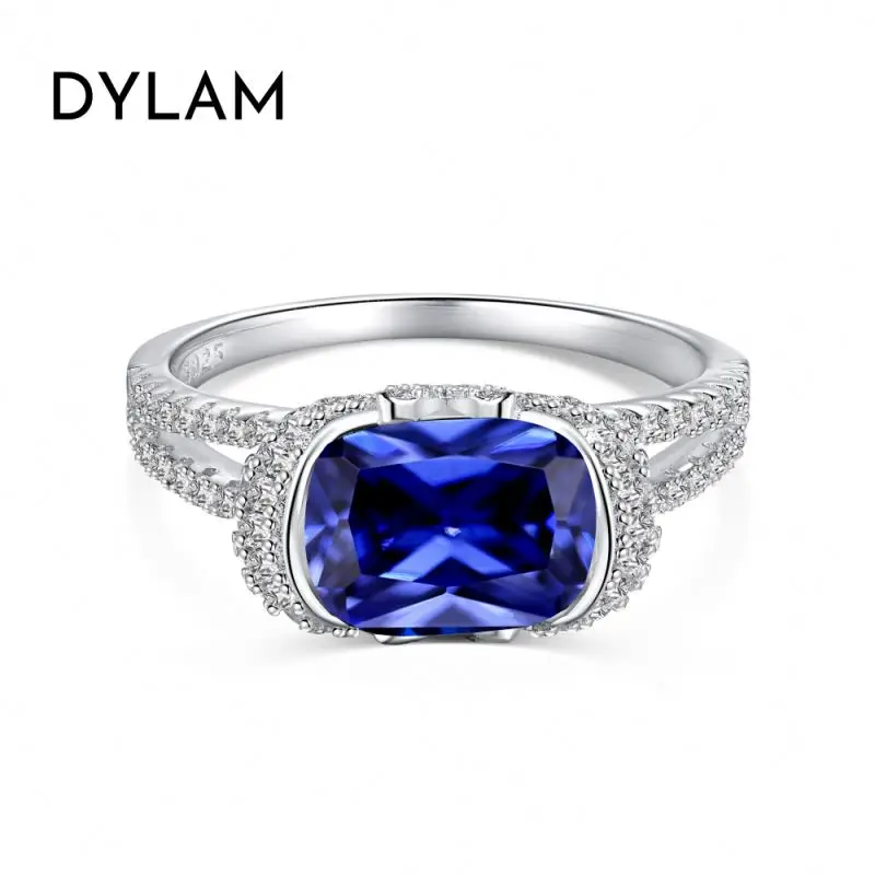 Dylam Custom Luxury Jewelry Iced Out Square Shape Diamond Sapphire Ring 925 Sterling Silver Engagement Wedding Ring For Women