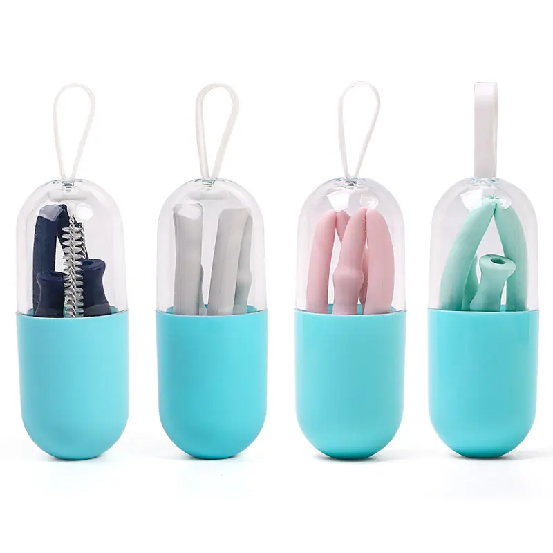 Collapsible Reusable Straws 4 Pack 8 inches Silicone Drinking Straws Set  4 Silicone Straws 4 Carrying Cases 4 Cleaning Brush