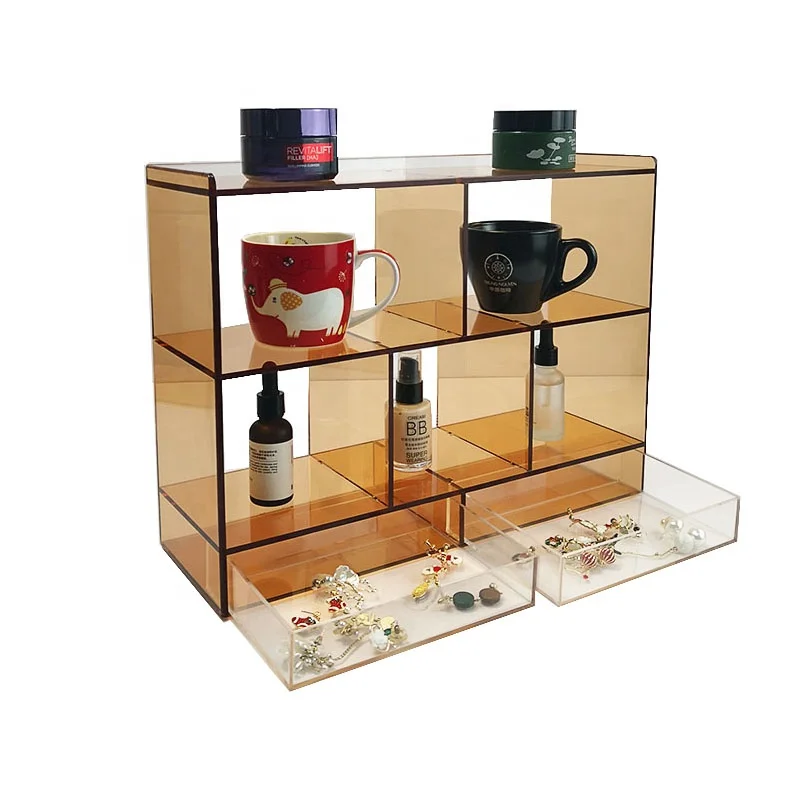 Acrylic desktop cosmetics display stand makeup organizer storage shelf with 2 drawer box