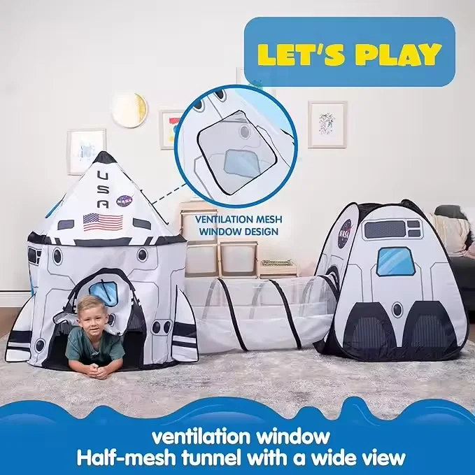 White Space Ship Pop-Up Play Tent (3 in 1) with Tunnel Kids Foldable Cot Tent Set for Indoor-Outdoor Play Spaceship Play House