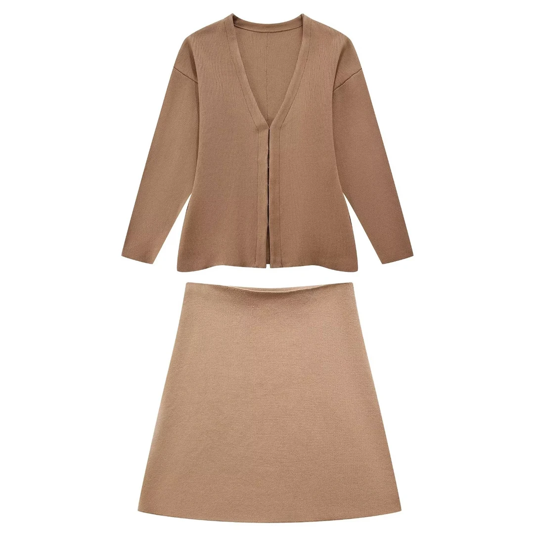 Spring Latest Design Woollen Ribbed Button Cardigan Maxi Dress Knitted Two Piece Set Skirt