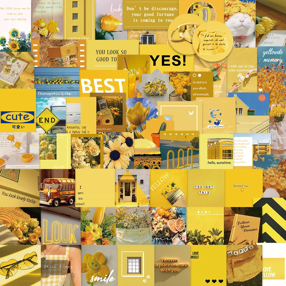 65Pcs Summer Ins Style Yellow Street View Decorative Stickers For Phone Laptop Wall Waterproof Wallpaper Sticker