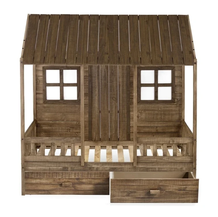 Pine Wood Tent Bed with Roof Design for Toddlers, Twin House Beds with Trundle and Windows Design for Kids
