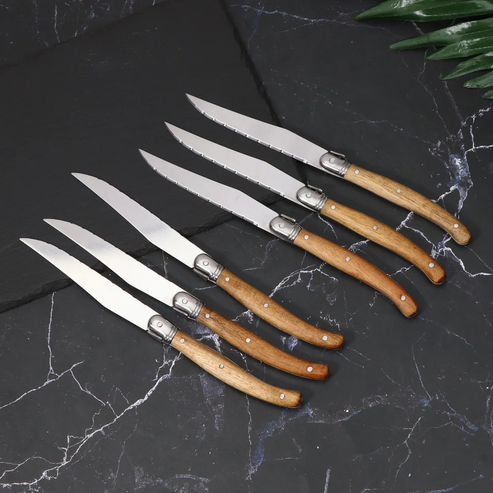 6-Piece Serrated Steak Knives Set Dinner Knife Cutlery Solid Wood Handle Full Tang Steel Laguiole Table Knife Sharp