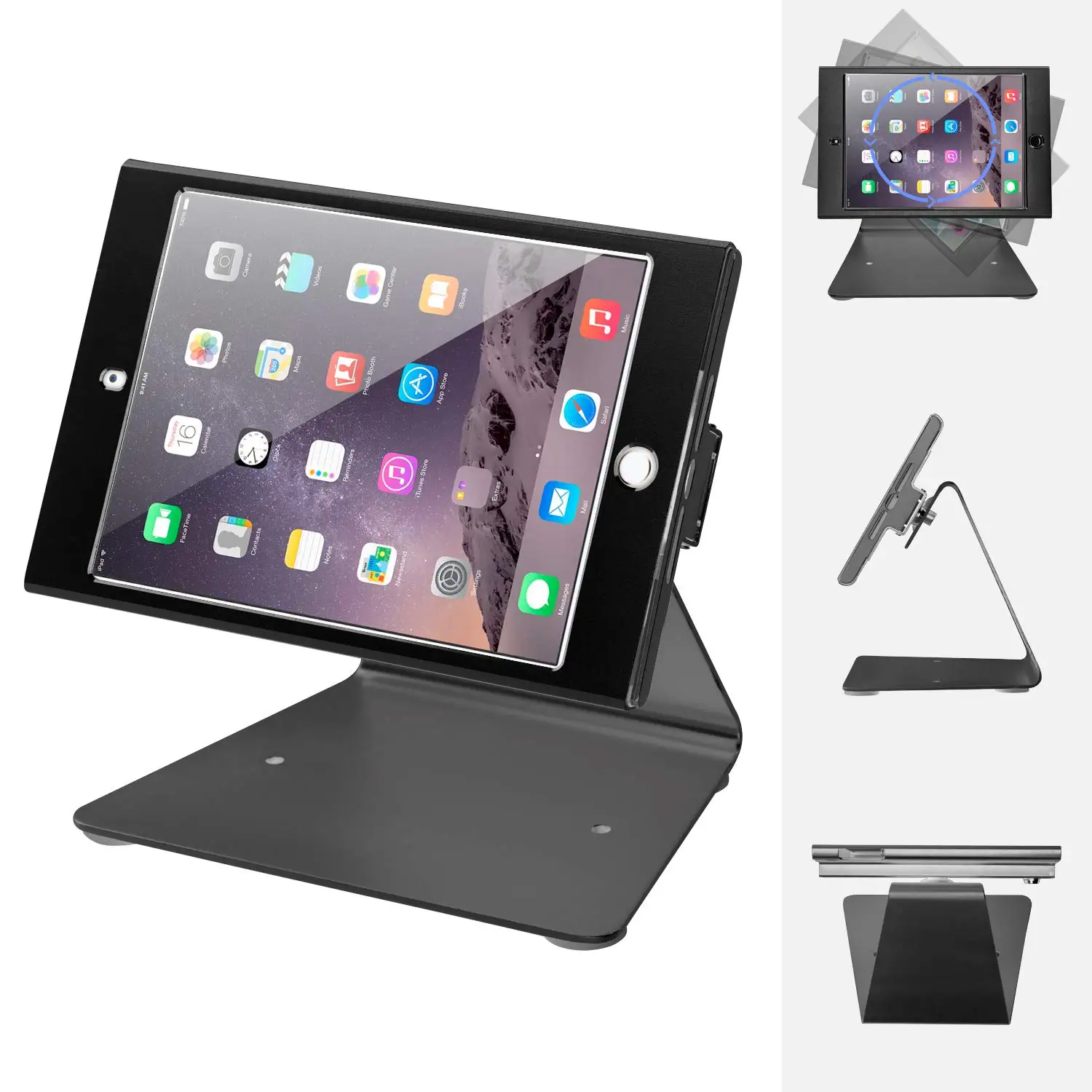 Aluminium adjustable 360 rotating security counter tablet pos stand metal anti theft mount holder with lock for ipad