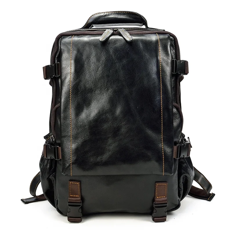 Fashion Classical Orange Oiled Leather Laptop Bag Black Men Genuine Leather Backpack For Outdoor