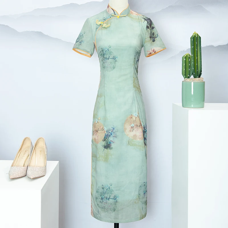 Jacquard Satin Summer Elegant Green Retro Satin Chinese Dress Cheongsam