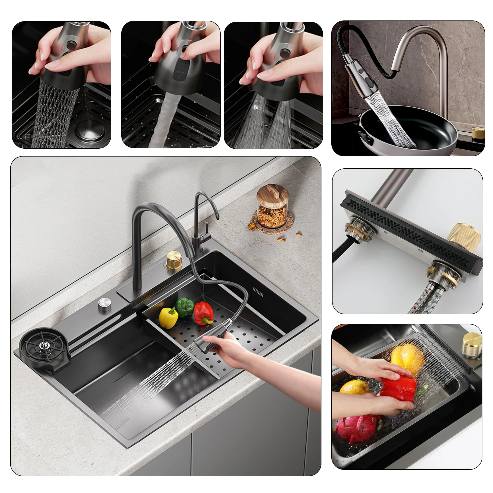 Pull Down Sprayer Waterfall Kitchen Sink Faucets