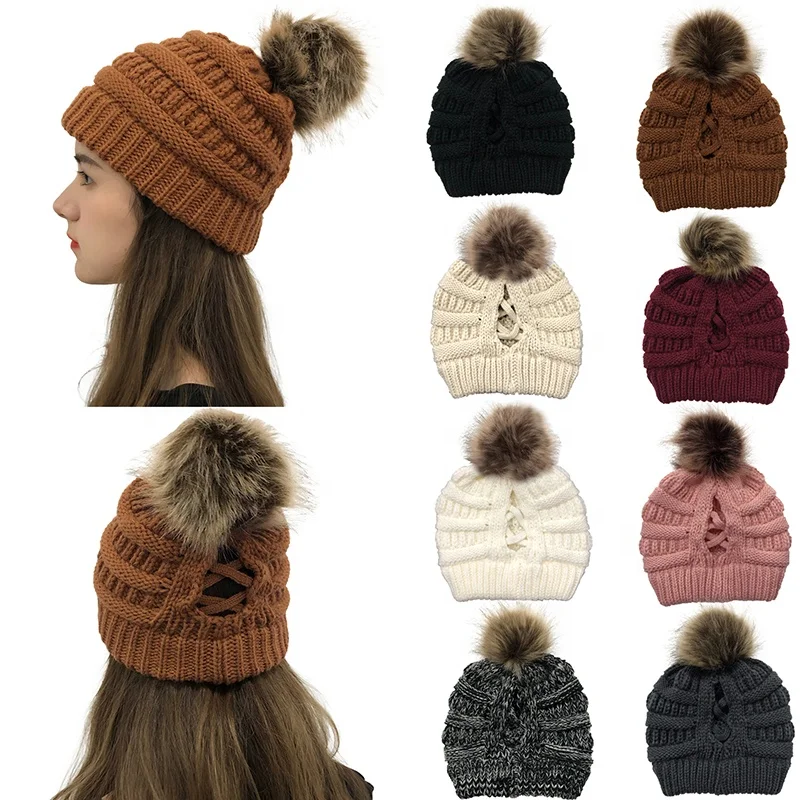 
2020 New Style Women Cross Pom Beanie Tail Knit Skull Beanie Messy Bun Ponytail Winter Hats 