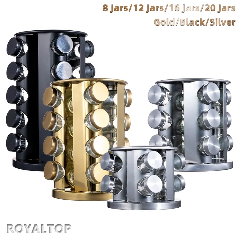 hot sale color box blister rotating spice rack 12 jars glass spice jar bottle organizer set with stainless steel carousel stand