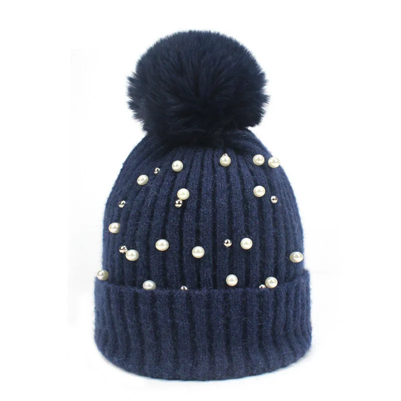 Winter Warm pearl rhinestone knitted Hats Women Pompom Beanie Hat With Pearl and Rhinestone