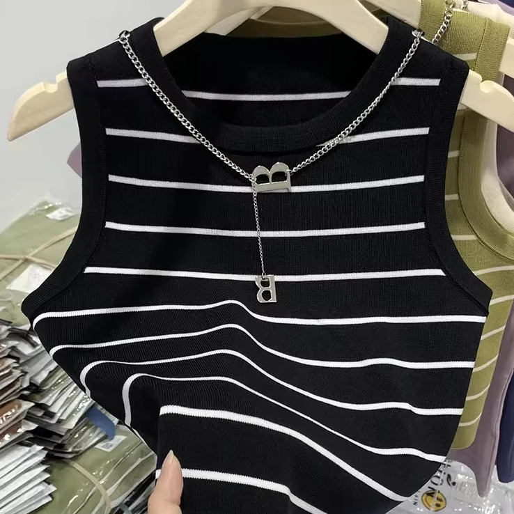 Y2K One size striped knitted small strap vest Summer Wide Shoulder Strap Underlay Top