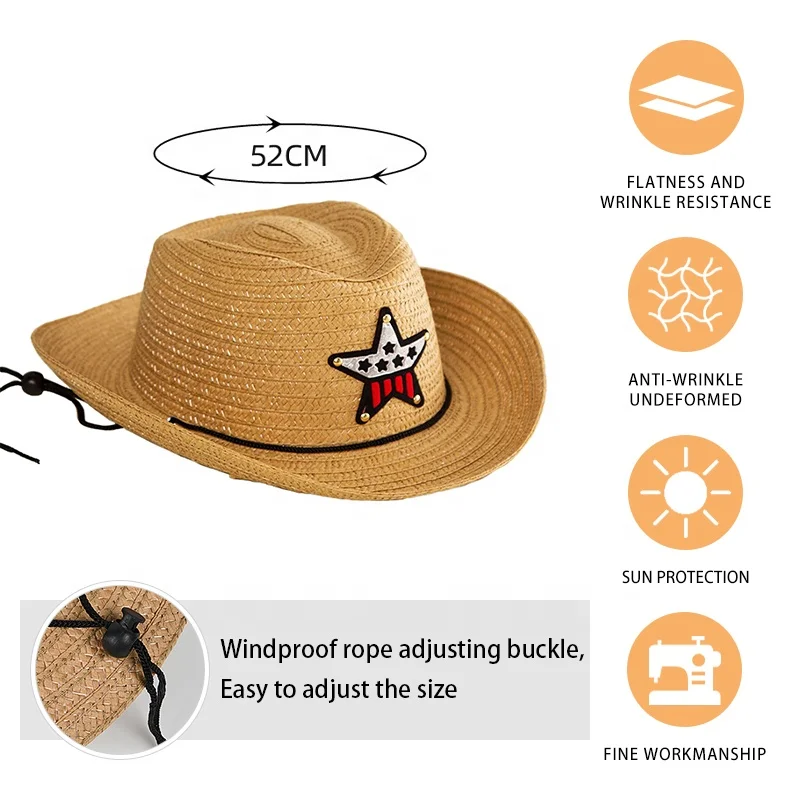 new fashion cheap baby boy girl children curved brim cowboy hat kids five star summer cowboy paper straw hat
