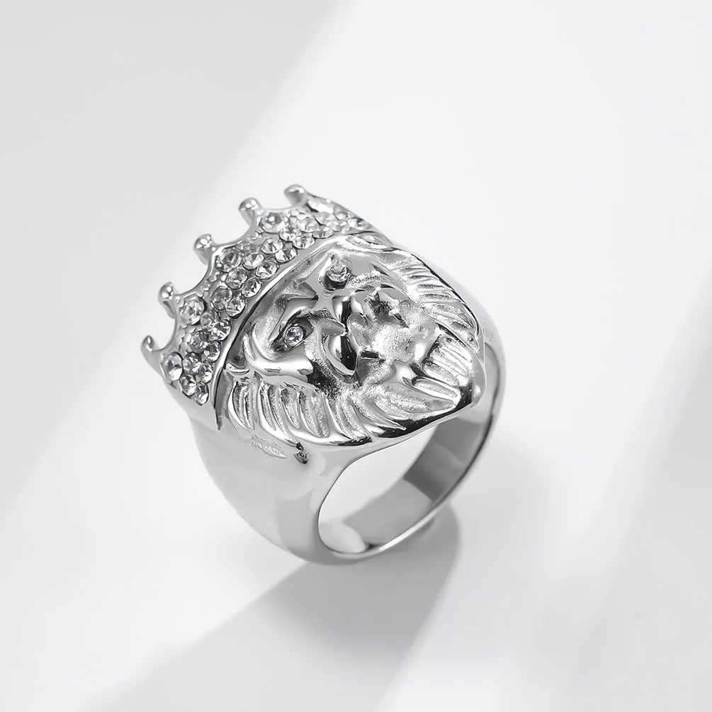 High Quality 18K Gold Plated Diamond Inlay Lion King Crown Stainless Steel Ring HipHop CZ Inlay Golden Rings for Men